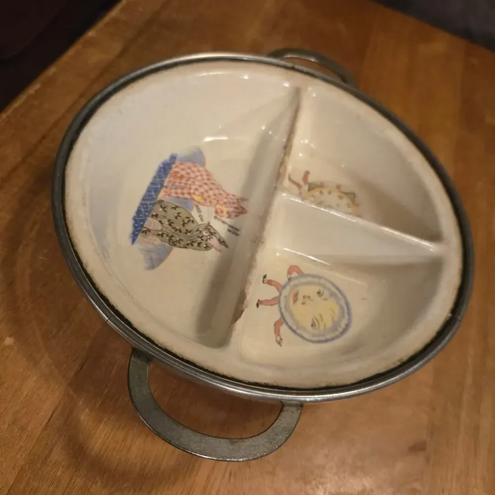 Vintage Excello Baby Food Warming Dish Cats Clocks Moon Divided Ceramic Plate